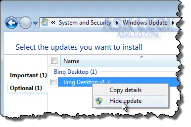 Hiding a Windows Update Item