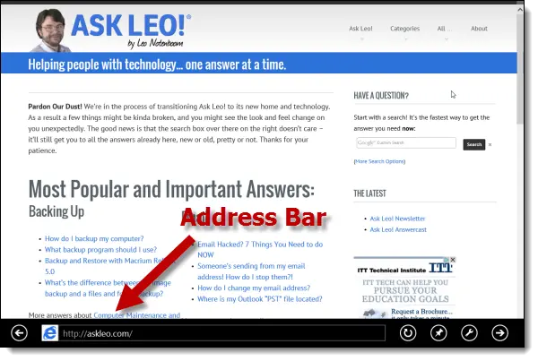 IE Tiled with Address Bar at Bottom