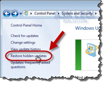 Restore Hidden Updates link