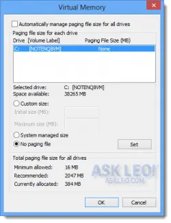 No Paging File