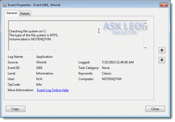 CHKDSK results in event viewer