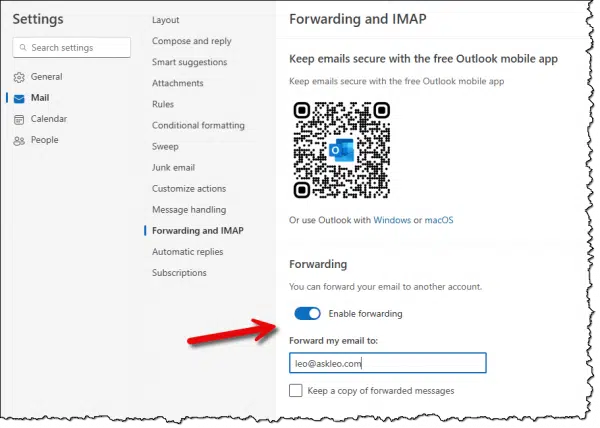 Enabling forwarding in Outlook.com.