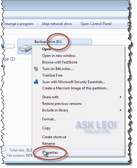 Right Clicking a Drive for Properties