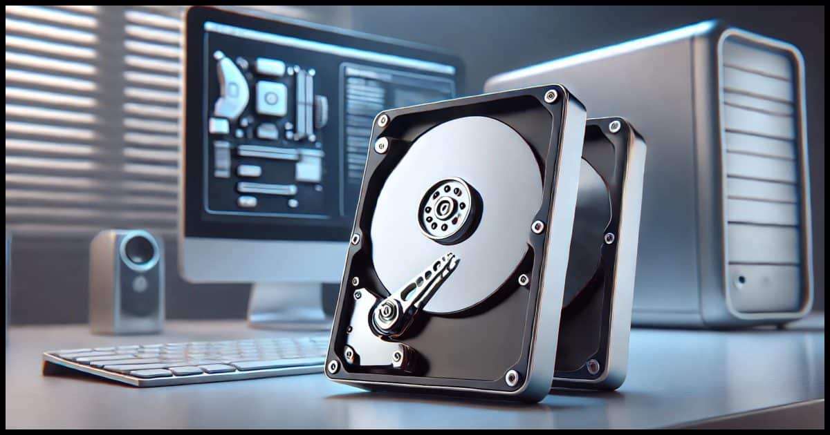 Two hard disks placed on a desk in front of a computer.