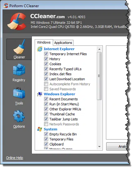CCleaner Cleaning Options
