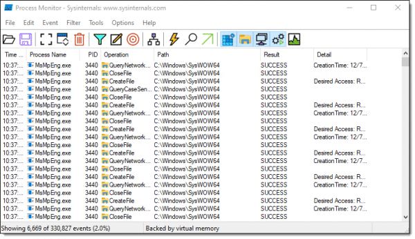 Process Monitor results, filtered.