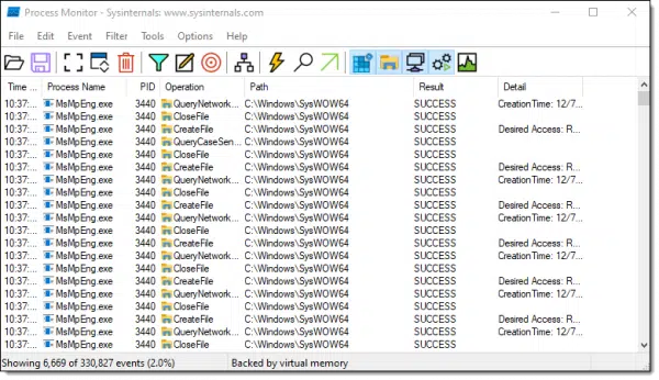 Process Monitor results, filtered.