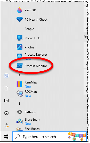 Process Monitor in the Windows Start menu.