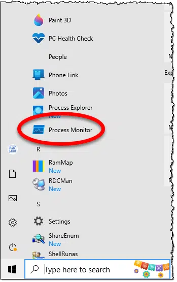 Process Monitor in the Windows Start menu.