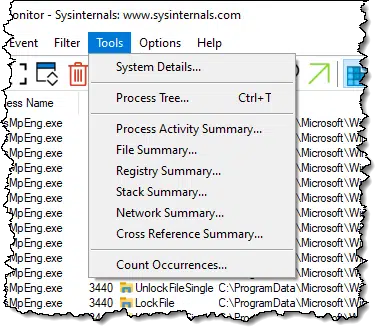 Process Monitor Tools menu.