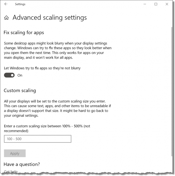 Advanced Scaling settings in Windows 10