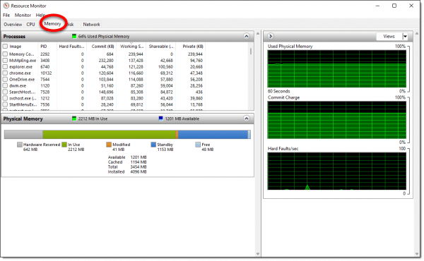 Resource Monitor Memory Tab