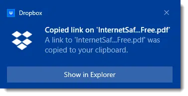 Dropbox Link Copied notification.
