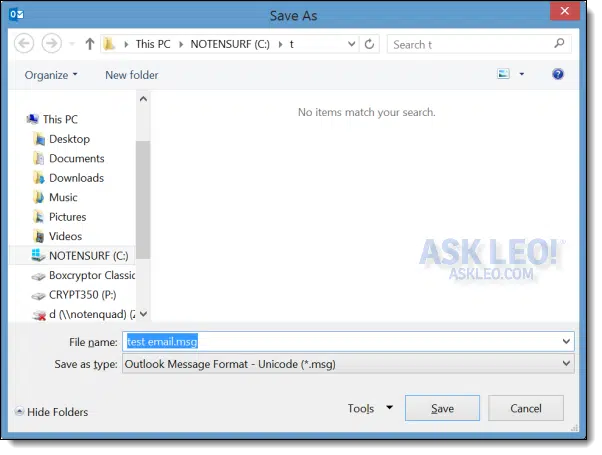 Outlook Save As dialog