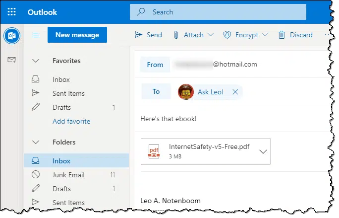 Composing an email with an attachment in Outlook.com