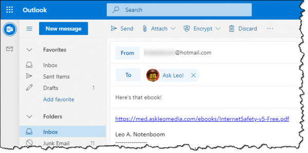 Sending a link to a file using Outlook.com.