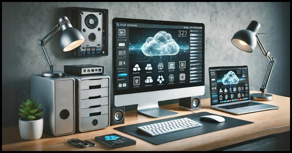 A modern workspace with a desktop computer, laptop, and external hard drives. The computer screen shows cloud service icons like OneDrive, Google Drive, and Dropbox, along with a backup software interface. There is a subtle overlay of cloud graphics illustrating cloud syncing. The workspace is clean, well-lit, and organized.