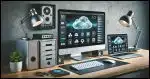 A modern workspace with a desktop computer, laptop, and external hard drives. The computer screen shows cloud service icons like OneDrive, Google Drive, and Dropbox, along with a backup software interface. There is a subtle overlay of cloud graphics illustrating cloud syncing. The workspace is clean, well-lit, and organized.