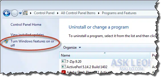 The Windows Features link in Control Panel