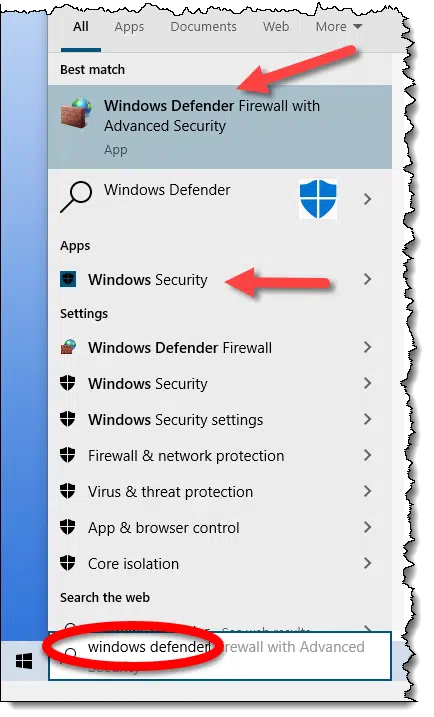 Searching for Windows Defender