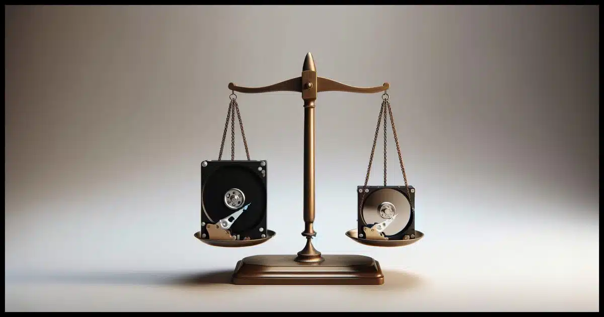 A balance scale featuring a 3.5 inch hard disk on one side and a 2.5 inch hard disk on the other. The setting is a simple, neutral background to keep the focus on the balance scale and the hard disks. The 3.5 inch hard disk appears slightly larger and more robust, representing its greater storage capacity and power requirement. In contrast, the 2.5 inch hard disk is smaller, symbolizing its portability and convenience for travel.