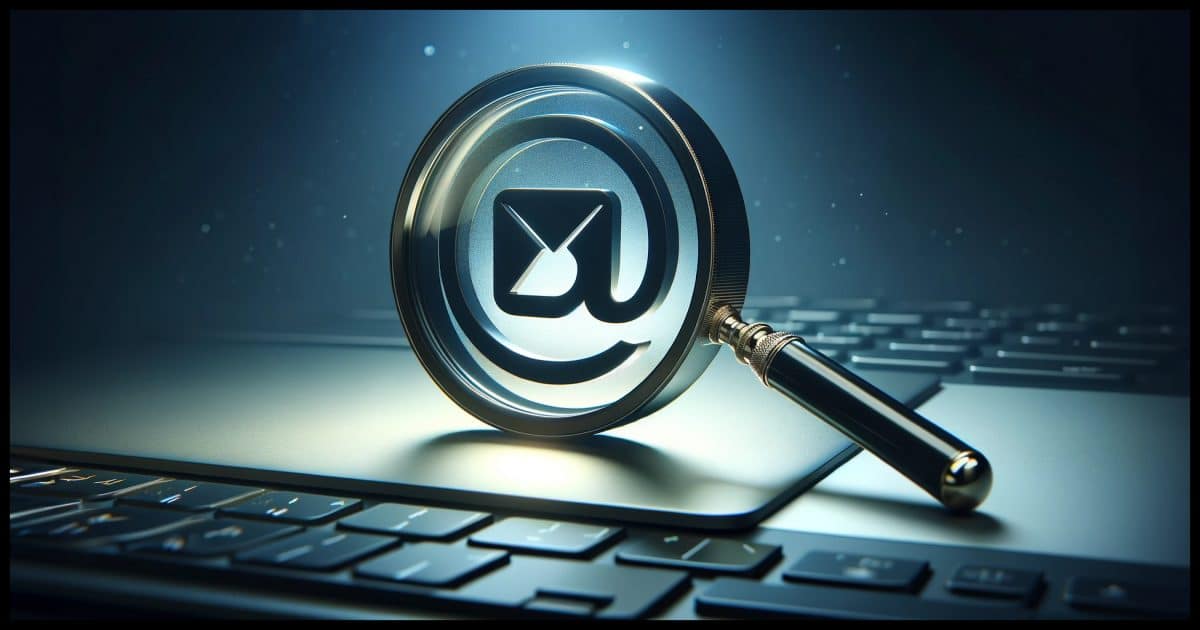 A 16:9 photorealistic image showing a magnifying glass hovering over an email icon. The scene is set on a desktop background, with the magnifying glass closely examining the email icon, symbolizing scrutiny and attention to detail. The email icon should look digital and modern, representing electronic communication, and the magnifying glass should have a realistic and detailed appearance, with a clear lens and metallic frame.
