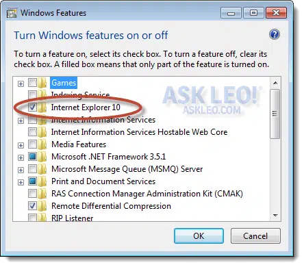 IE in the Windows feature list