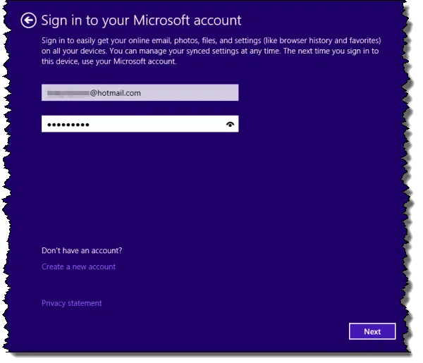 Windows 8 Upgrade Provide MS Account