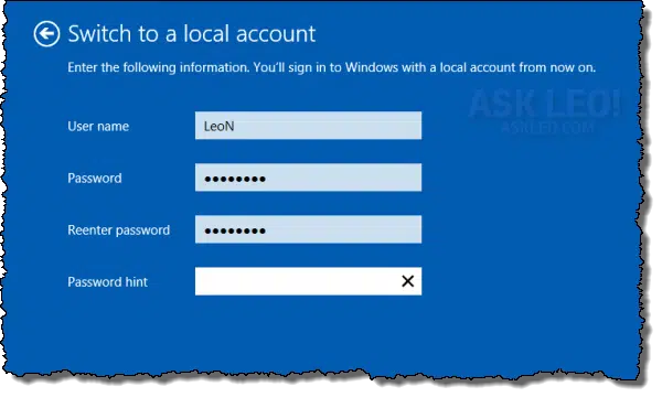 Windows 8 Switching to a Local Account