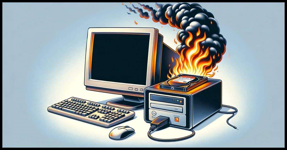 An animated style image featuring a traditional desktop computer connected to an external hard disk via a cable. The external hard disk is whimsically on fire, with animated, bright flames and smoke, symbolizing a failure or disaster. The desktop computer is depicted in a classic style, complete with a monitor, keyboard, and mouse, and is functioning normally, contrasting with the burning external hard disk. This comical and exaggerated portrayal highlights the importance of data backup and the risks associated with relying on a single storage device.