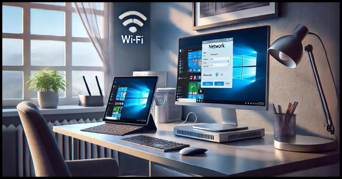 A home office with two Windows computers, one a desktop and one a tablet, both set up on a modern desk. The computers are connected via a network connection.