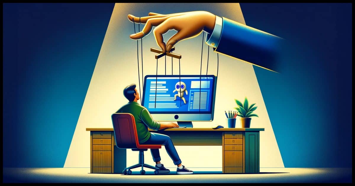 An average computer user sitting at a desk, working on their computer. Above the computer, a puppeteer's hand with strings attached to the computer, symbolizing control and manipulation.