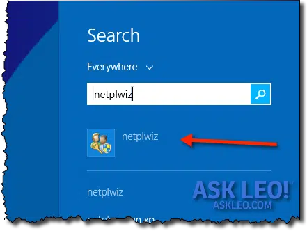 Windows 8 Search for NETPLWIZ