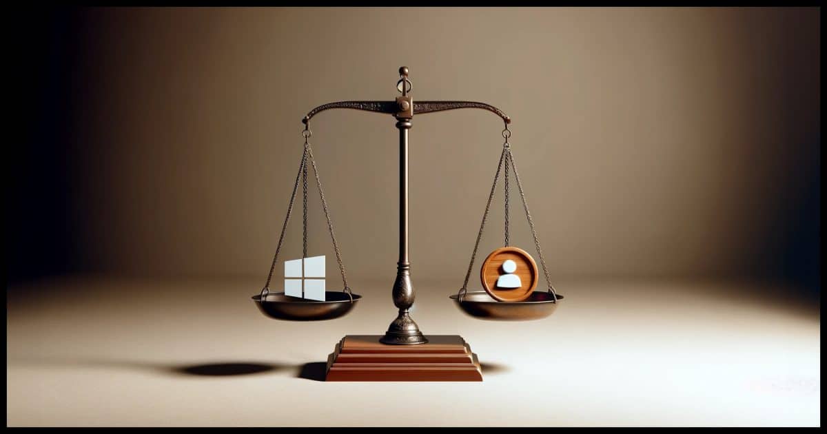 A photorealistic image of a balance scale. On one side of the scale is the Microsoft logo, symbolizing a Microsoft account. On the other side is a local user icon, representing a local account. The scale is evenly balanced, depicting the equilibrium and choice between using both types of accounts in a Windows environment. The background is neutral to emphasize the scale and the symbols.