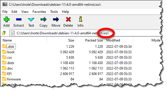 7-Zip viewing a Debian Linux ISO file.