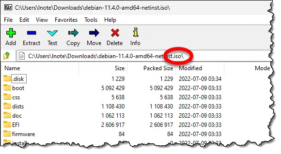 7-Zip viewing a Debian Linux ISO file.