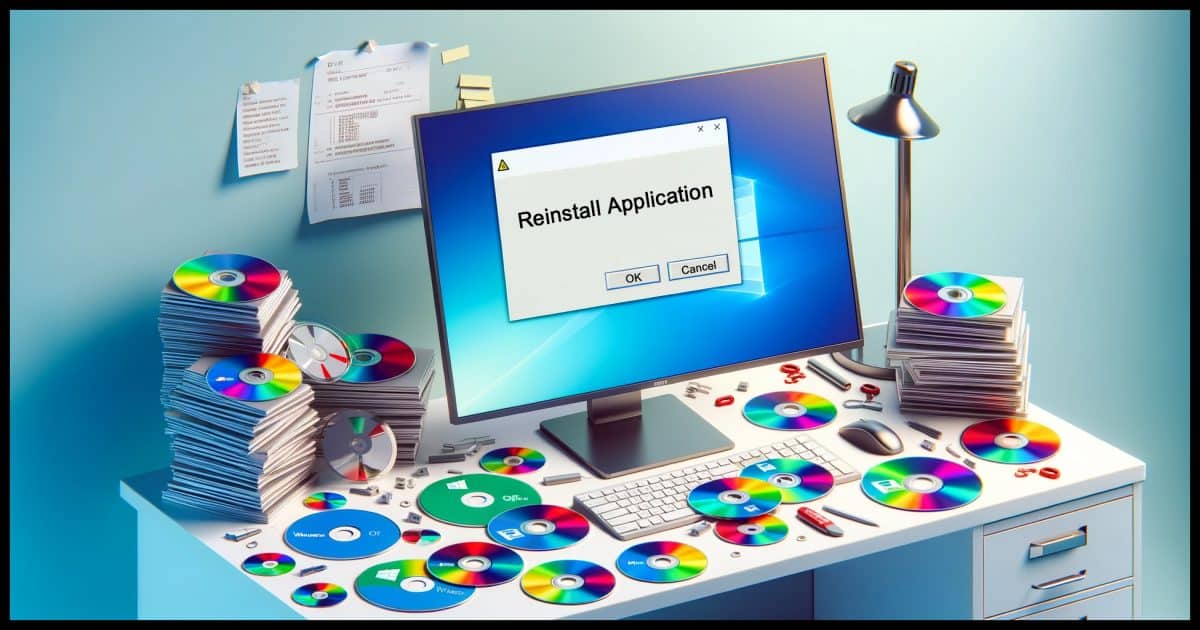 A bright, simple, photorealistic image representing the process of reinstalling Windows without having the necessary discs or downloads. The image should include a computer screen displaying an error message about missing installation files, alongside a desk cluttered with scattered software discs, some of them labeled as 'Windows' and 'Office', and papers containing activation codes and download instructions. The setting should convey a sense of frustration and confusion, highlighting the challenge of reinstalling software without the original media or downloads.
