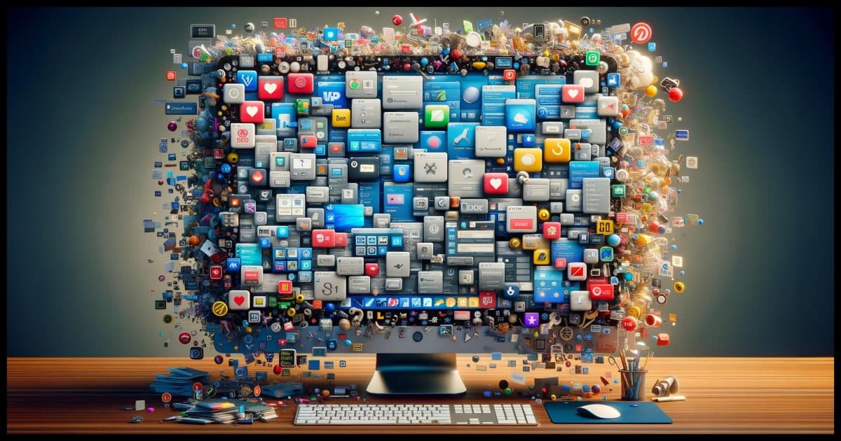 A photorealistic image of a computer screen overflowing with icons, windows, and notifications, representing the abundance of features and capabilities added to software over time.