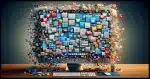 A photorealistic image of a computer screen overflowing with icons, windows, and notifications, representing the abundance of features and capabilities added to software over time.
