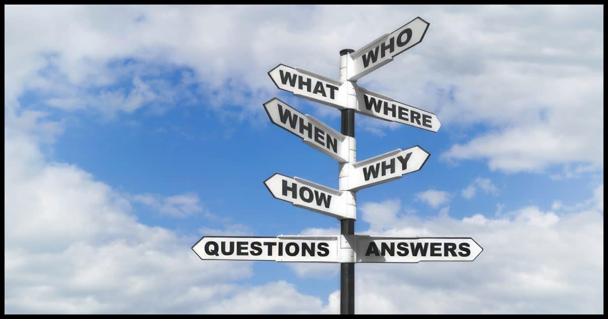 Concept image of the six most common questions and answers on a signpost.