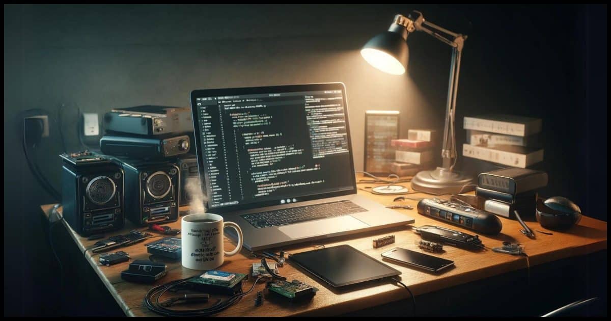 A cluttered desk in a home office setting. The desk is covered with a variety of technology gadgets such as a smartphone, a tablet, external hard drives, and a soldering iron. In the center of the desk, there's a computer with its screen displaying open code, possibly an IDE or text editor filled with programming code. Nearby, a coffee mug, The scene is illuminated by the soft glow of the computer screen and a desk lamp, creating a cozy yet dynamic workspace that reflects a deep passion for technology and coding. This setup symbolizes the fusion of personal interests and professional expertise, typical for a tech enthusiast or software developer's desk.