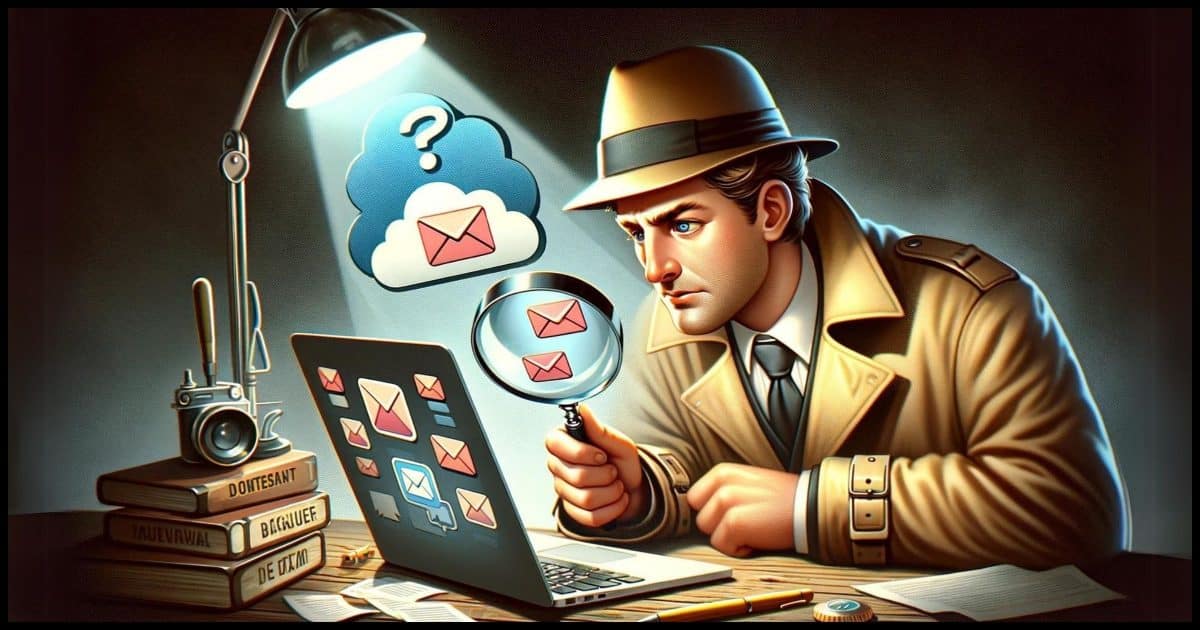 A detective with a magnifying glass, peering closely at a computer screen on one side, and a cloud icon on the other.