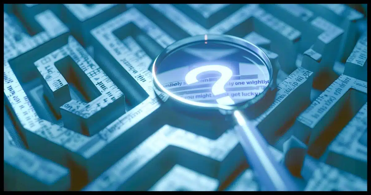 A magnifying glass over a maze of passages all showing various portions of text.
