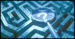A magnifying glass over a maze of passages all showing various portions of text.