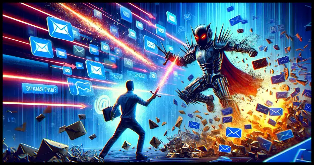 A digital battle scene symbolizing the ineffective and illegal attempts to fight spam with spam. Include visual metaphors such as email icons clashing like swords, a figure representing a regular email user transformed into a spammer wearing a villainous mask, and digital debris to illustrate the chaos and negative impact of such actions. The scene should convey the message that while the idea of retaliating against spammers is tempting, it ultimately backfires and turns the well-intentioned user into part of the problem.