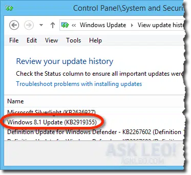 Windows 8 Update in Update history