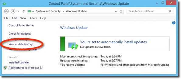 Windows Update - View update history link