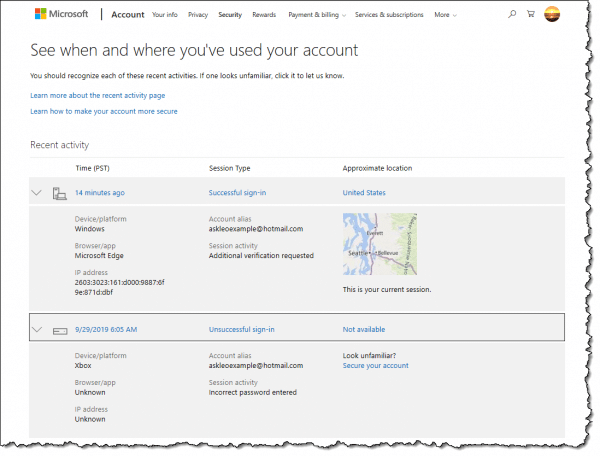 Microsoft account activity