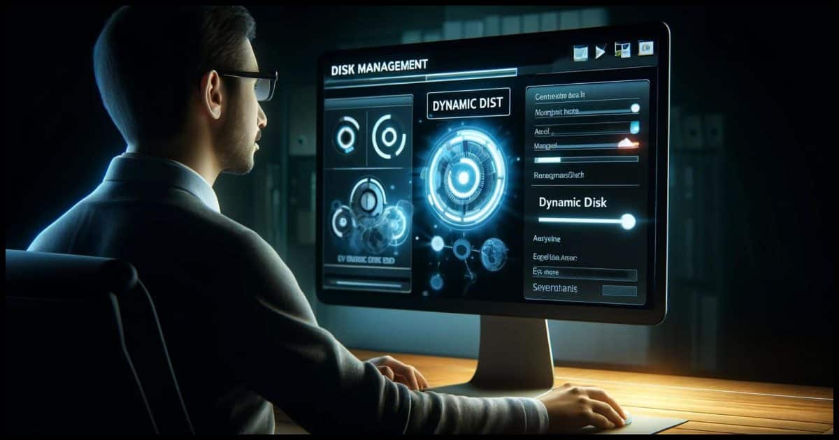 A computer user interacting with disk management tools on a computer screen. The screen prominently displays disk management software, with a dynamic disk option highlighted with glowing effects to indicate advanced functionality.