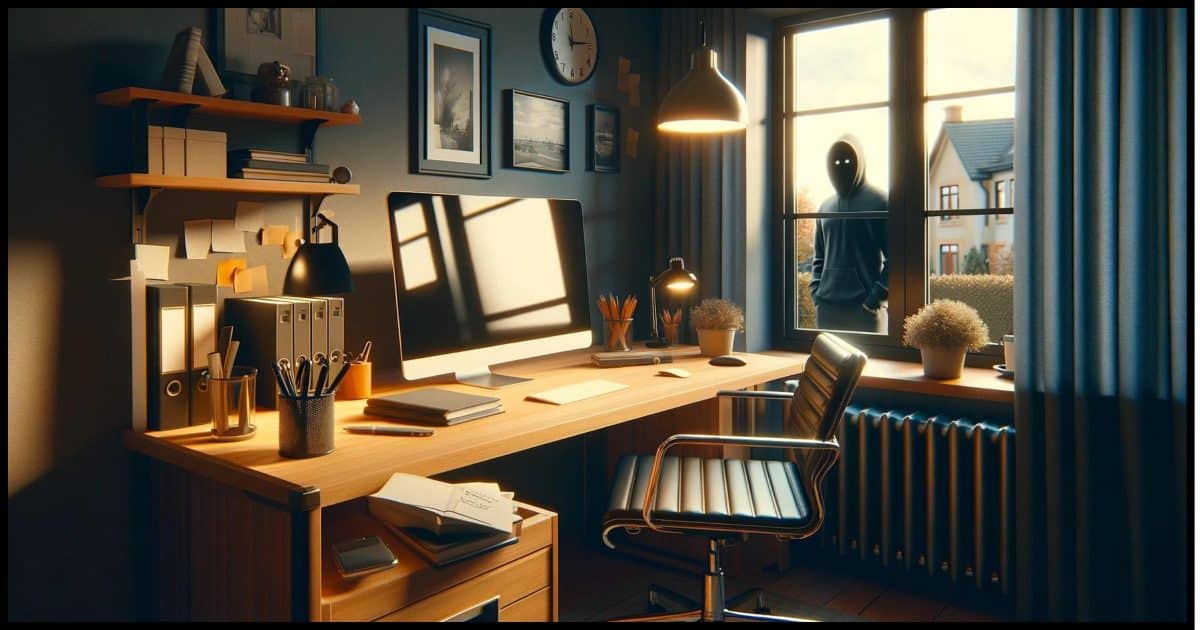 A home office with a modern aesthetic. In the foreground, a sleek desktop computer sits on a well-organized desk, surrounded by typical office supplies and decor. The room is warmly lit, creating a cozy work environment. Through the window, a slightly creepy figure is peeking in, adding a subtle element of suspense to the scene. The outside view shows a typical residential setting, enhancing the sense of a home office.
